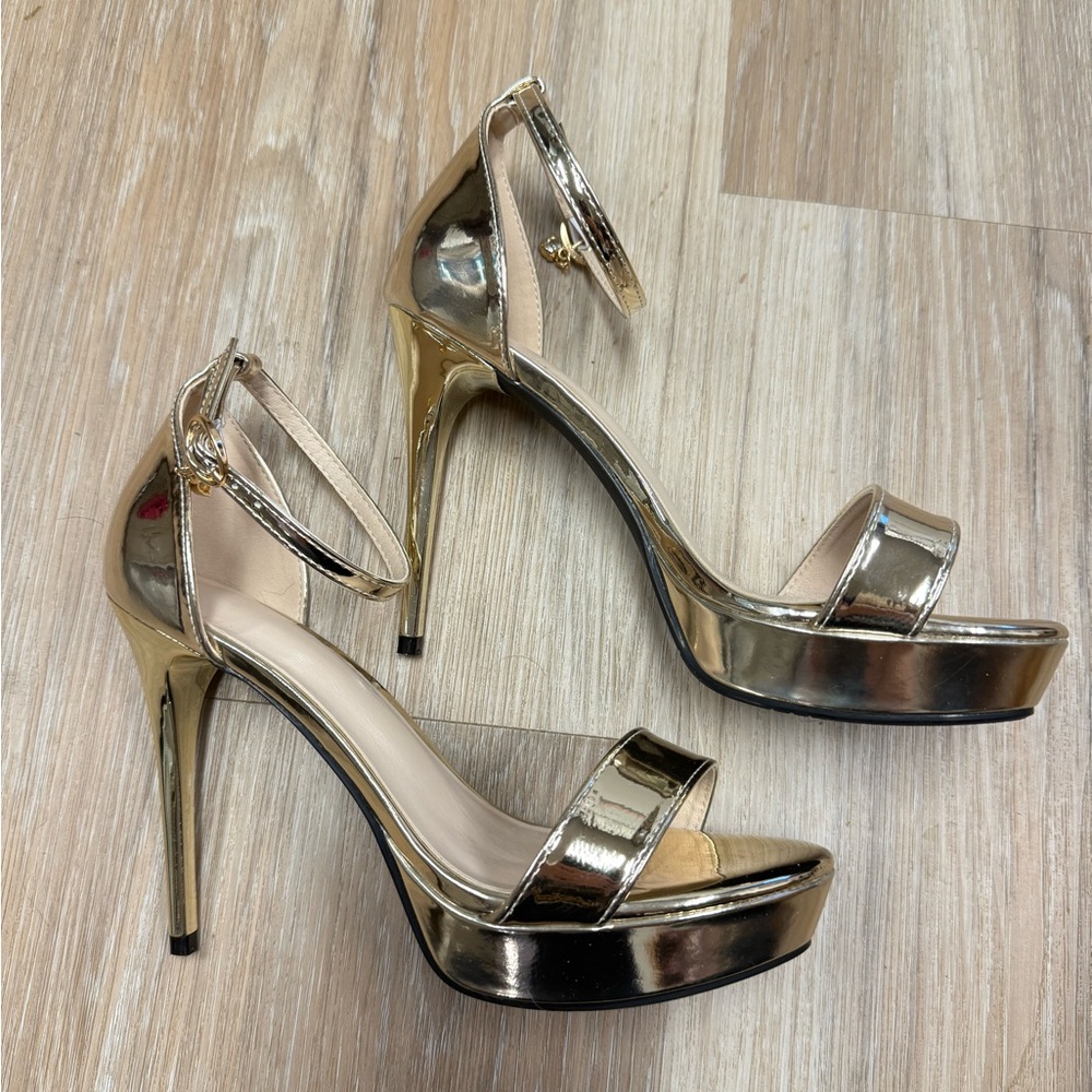 Gold Stiletto Heels with Ankle Strap and Platform